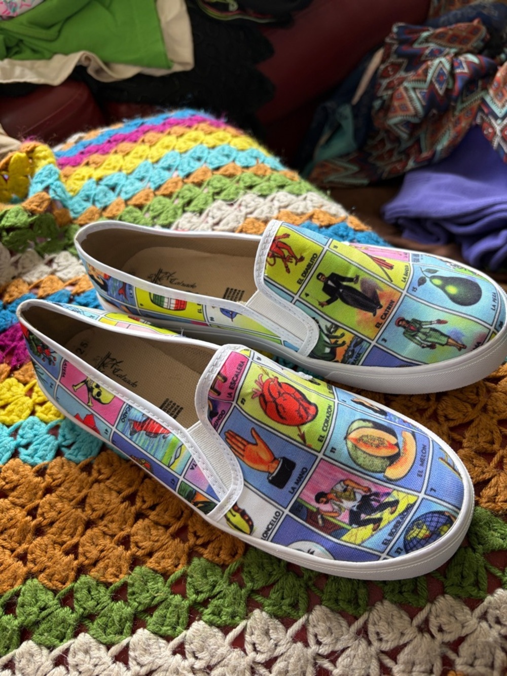 Mexican Loteria slip-on sneakers, sz 7-7.5